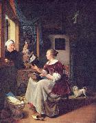 A young lacemaker is interrupted by a birdseller who offers her ware through the window, Pieter Cornelisz. van Slingelandt